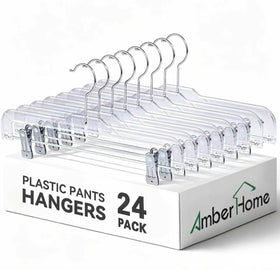 Amber Home 24-pack clear pants hangers with clips keep pants and skirts organized.