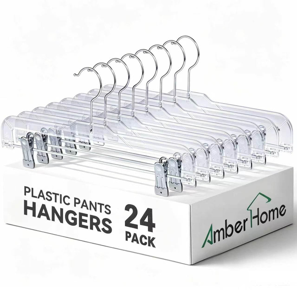 Amber Home 24-pack clear pants hangers with clips keep pants and skirts organized.