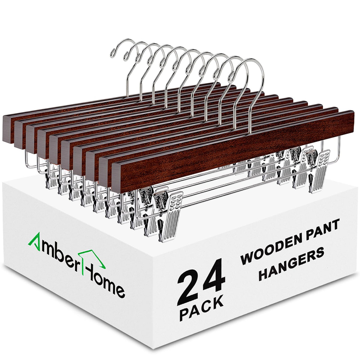 Amber Home walnut wood pants hanger with clips—durable 14-inch storage solution.