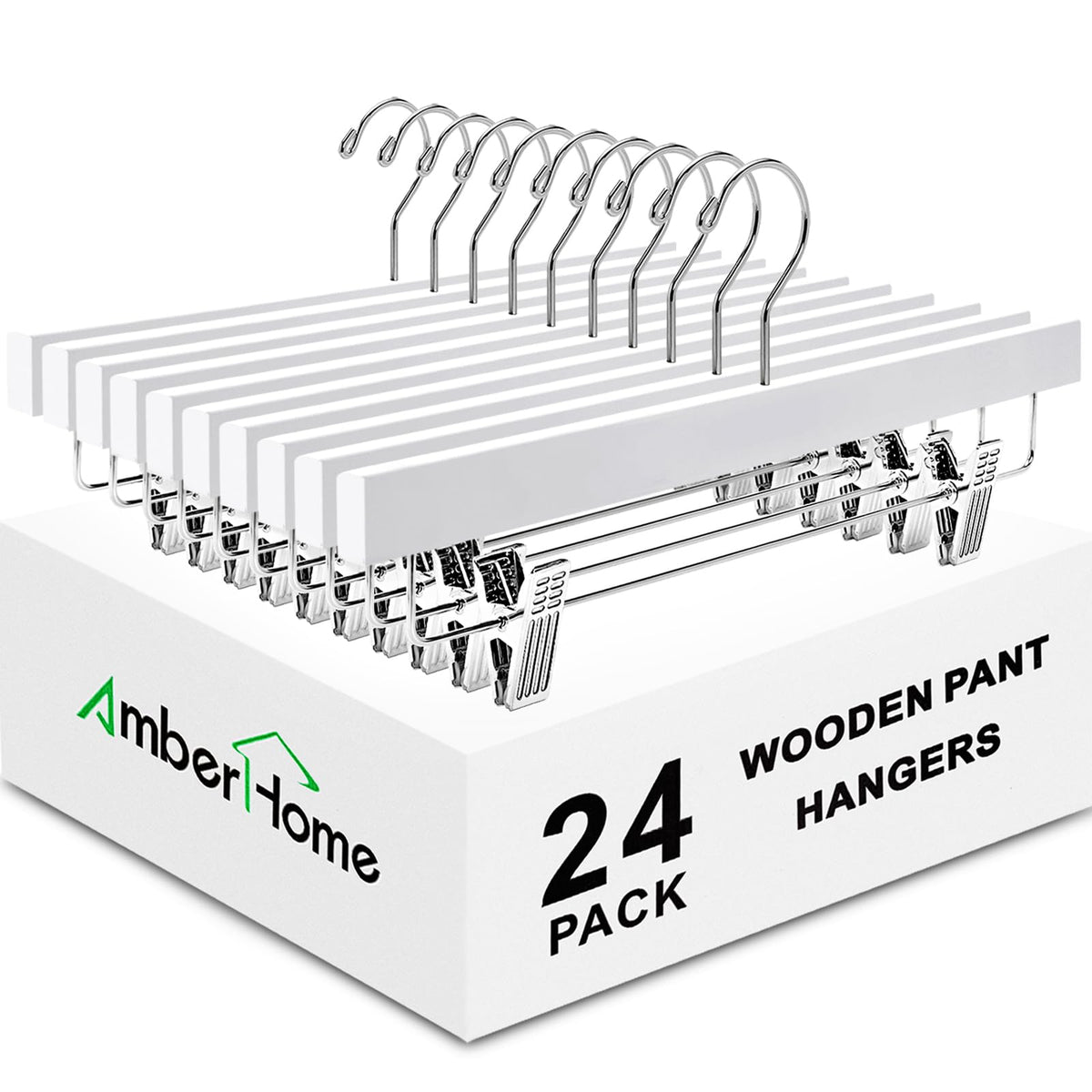 Amber Home 24-pack white wood pants hangers with clips for neat closet organization.