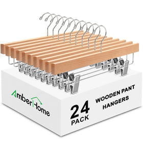 Amber Home 24-pack wooden pants hangers with clips keep jeans organized and secure.