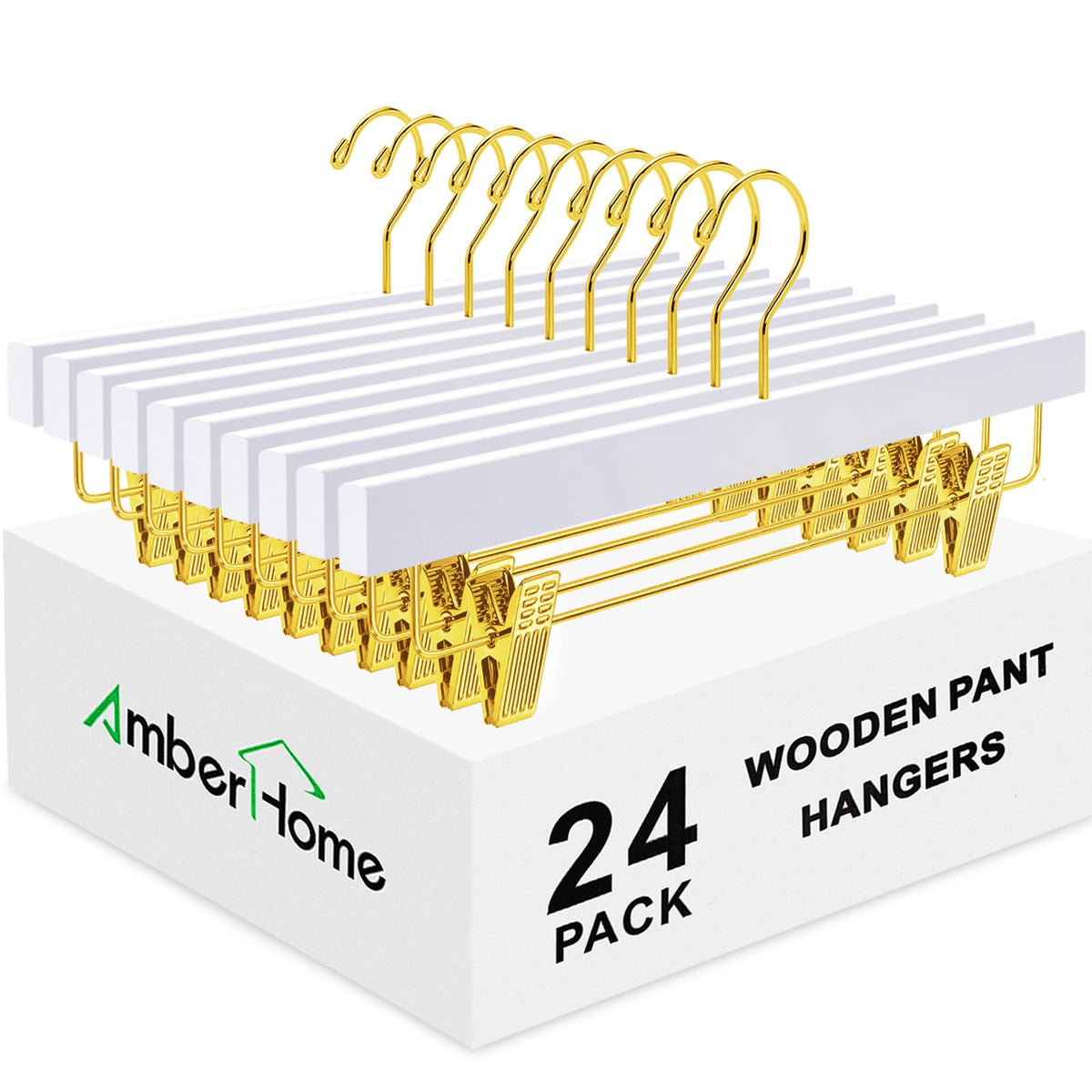 Amber Home 24-pack white wood pants hangers with gold clips, front view for organized closets.