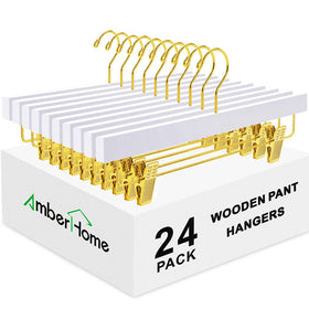 Amber Home 24-pack white wood pants hangers with gold clips, front view for organized closets.