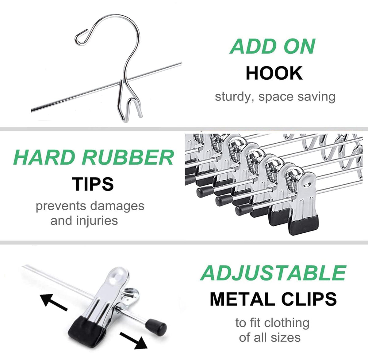 Amber Home adjustable clip close-up demonstrating width control and snag-free use.