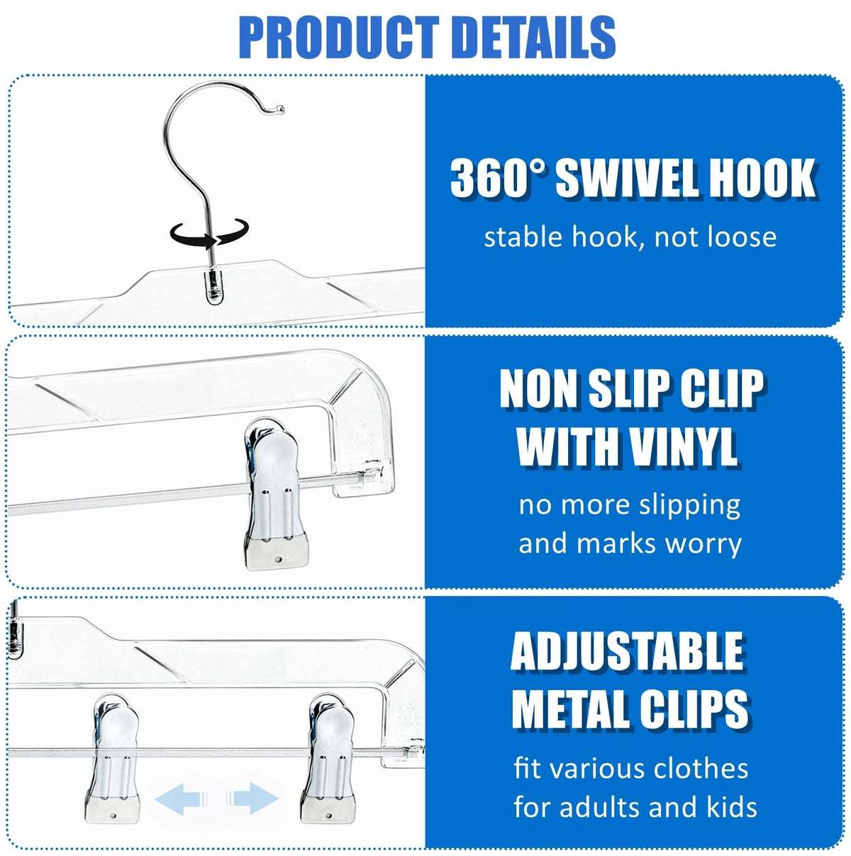 Amber Home adjustable clips fit different garment sizes securely.