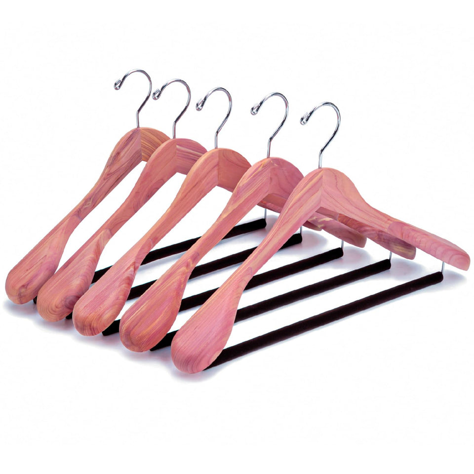 Amber Home cedar hanger with extra-wide shoulders preserves coat shape and drape.