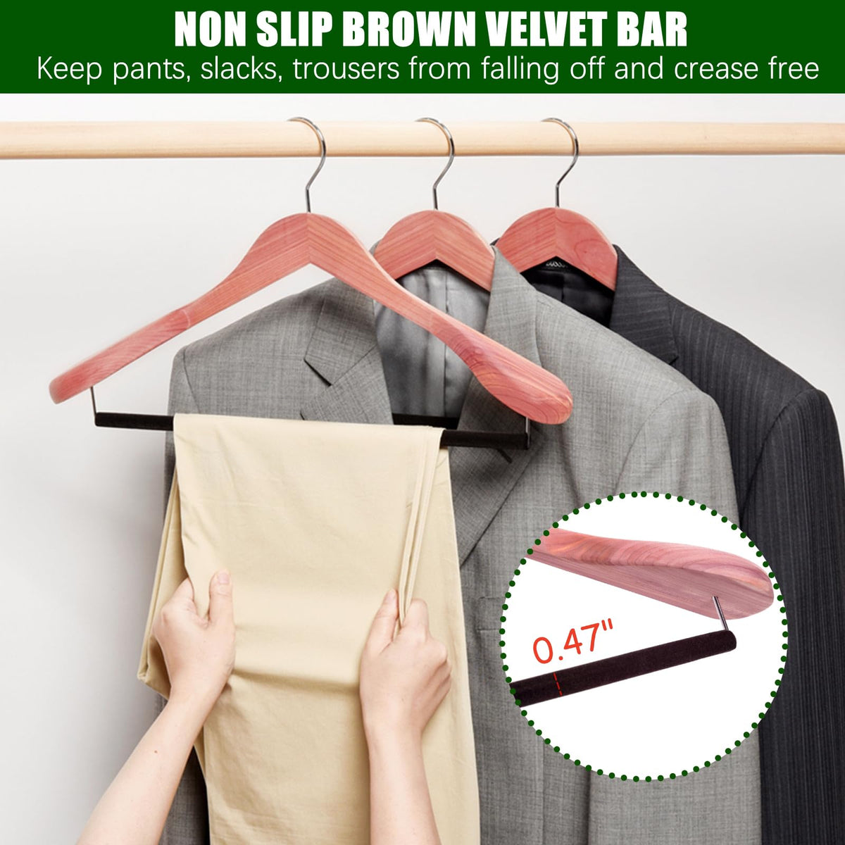 Amber Home cedar hanger with inward-curved design supports jackets and suits.