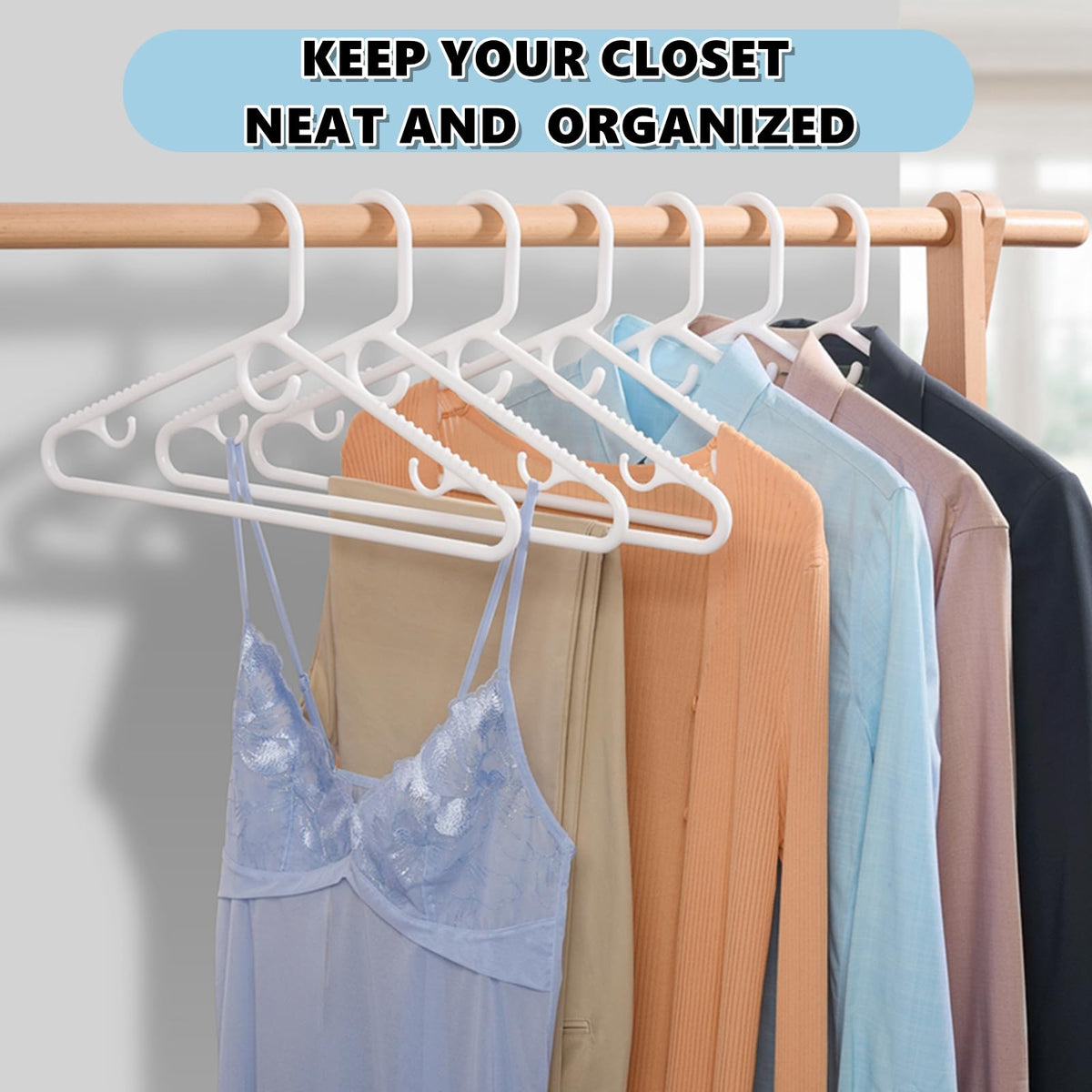 Amber Home closet organization solution with white hangers.