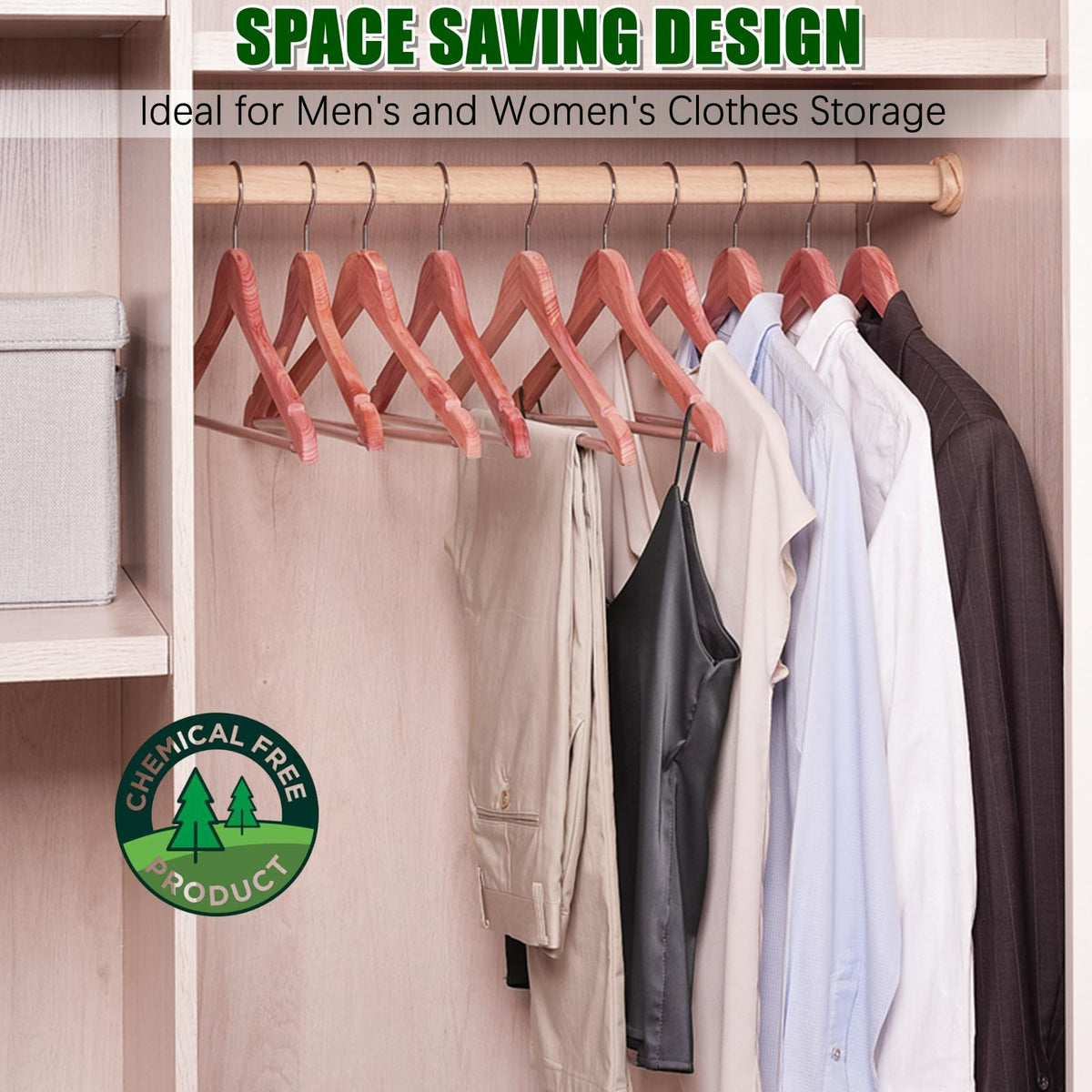 Amber Home closet organization wood hangers for shirts and dresses.