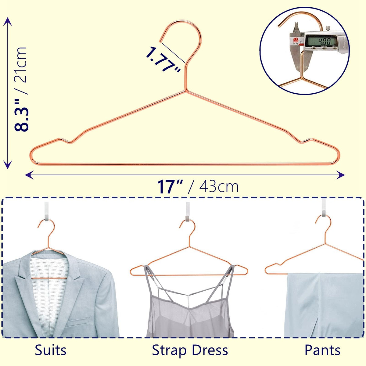 Amber Home copper hangers close-up showing 4.0mm wire strength.