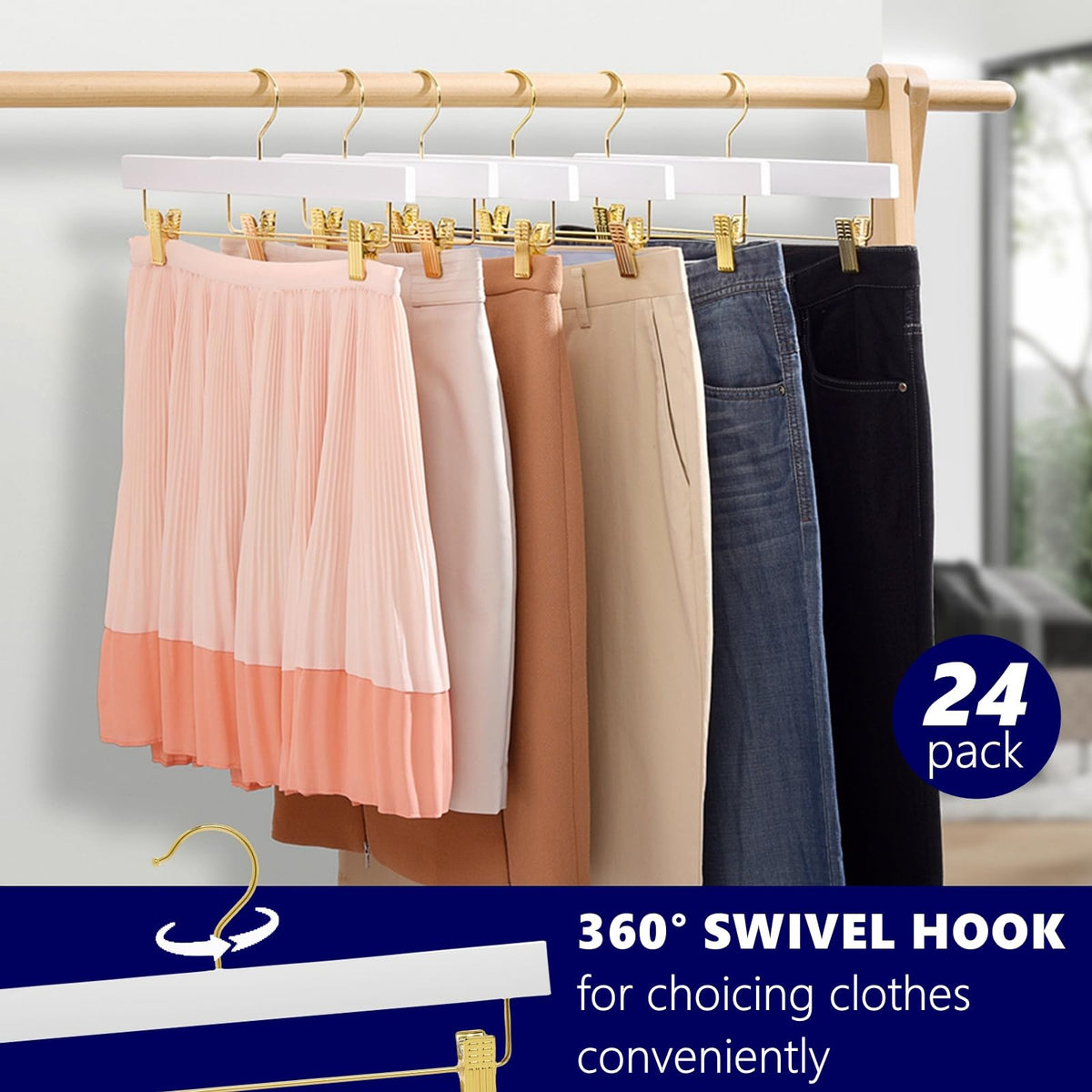Amber Home jeans on white wood hanger demonstrates sturdy support.