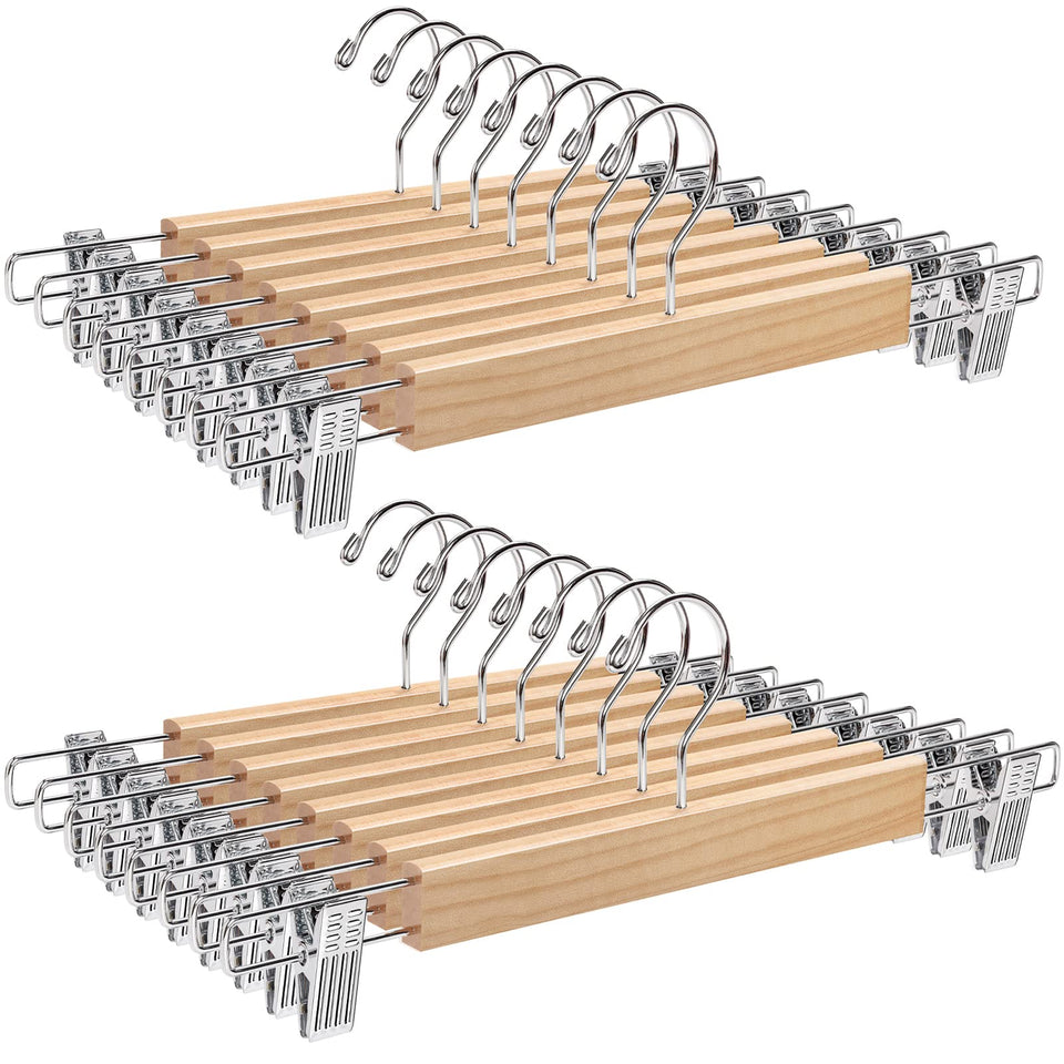 Amber Home wooden pant hanger with slim flat body for efficient closet organization