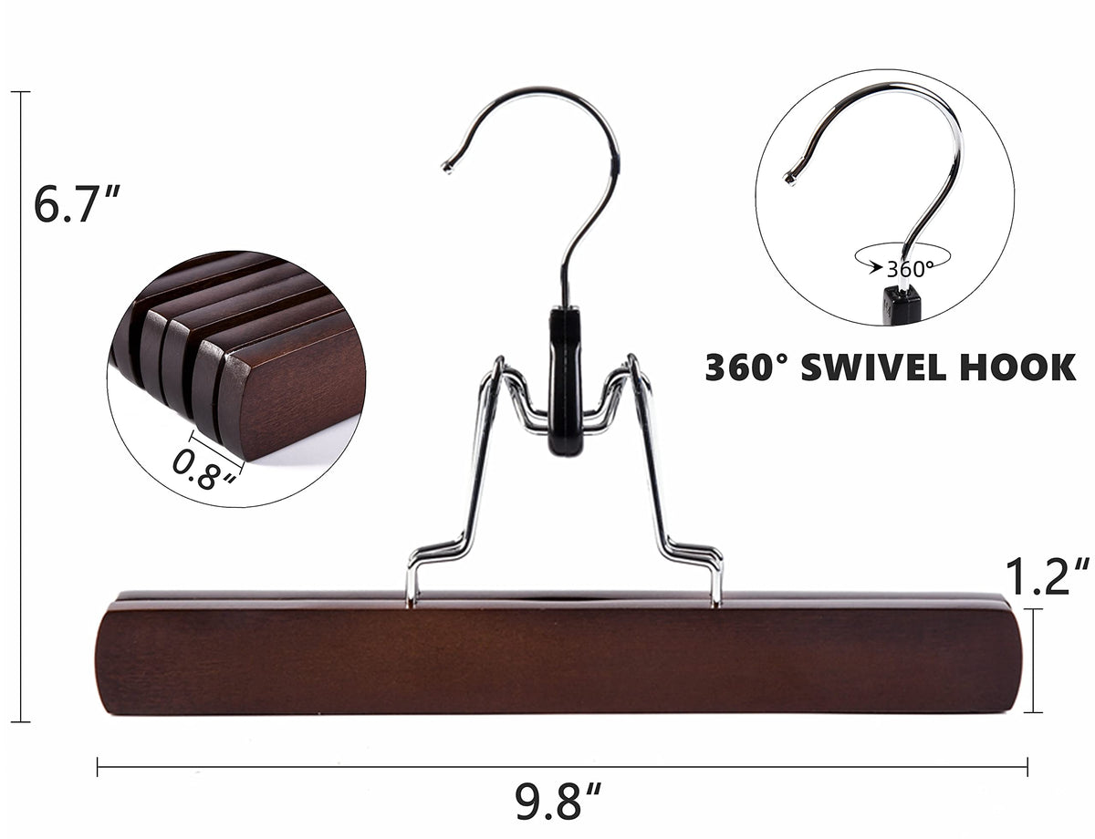 Amber Home crafted walnut hanger with non-slip velvet clamp for secure hold.