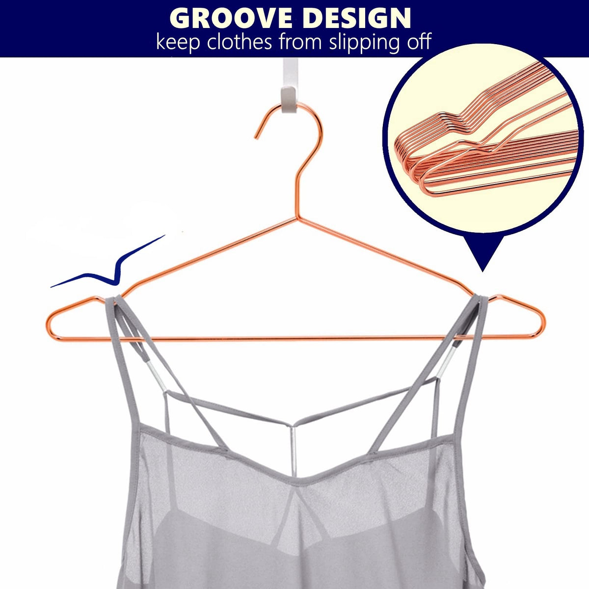 Amber Home rose gold hangers with groove design preventing slips.