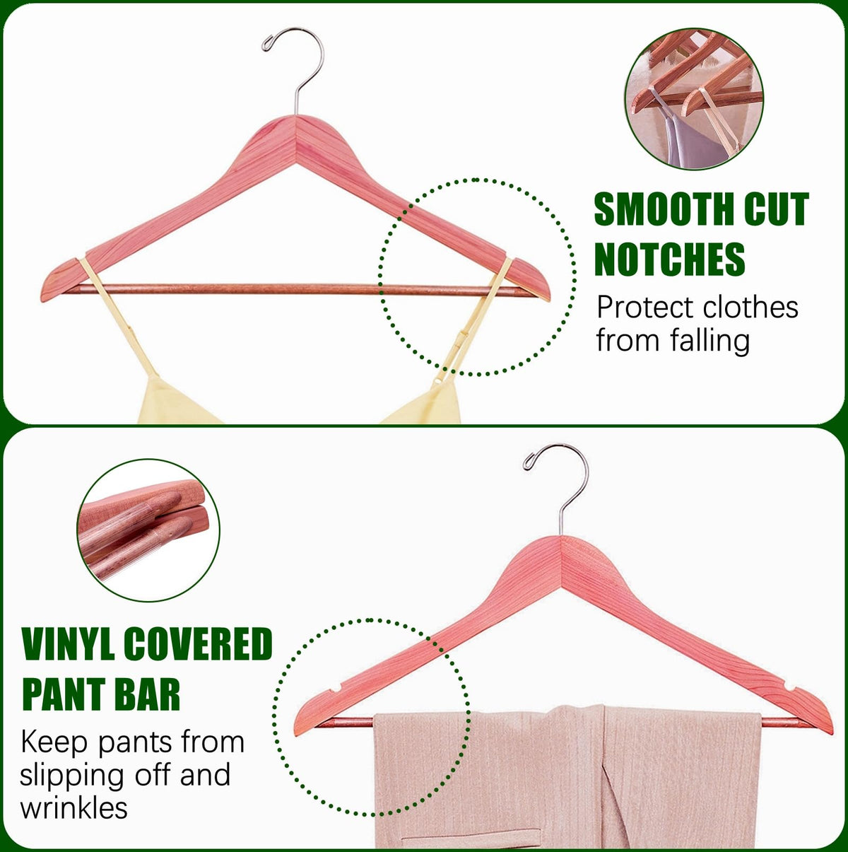 Amber Home hangers with smooth notches to protect straps.