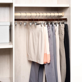 Amber Home slim profile wood hangers saving closet space and enabling neat stacking.