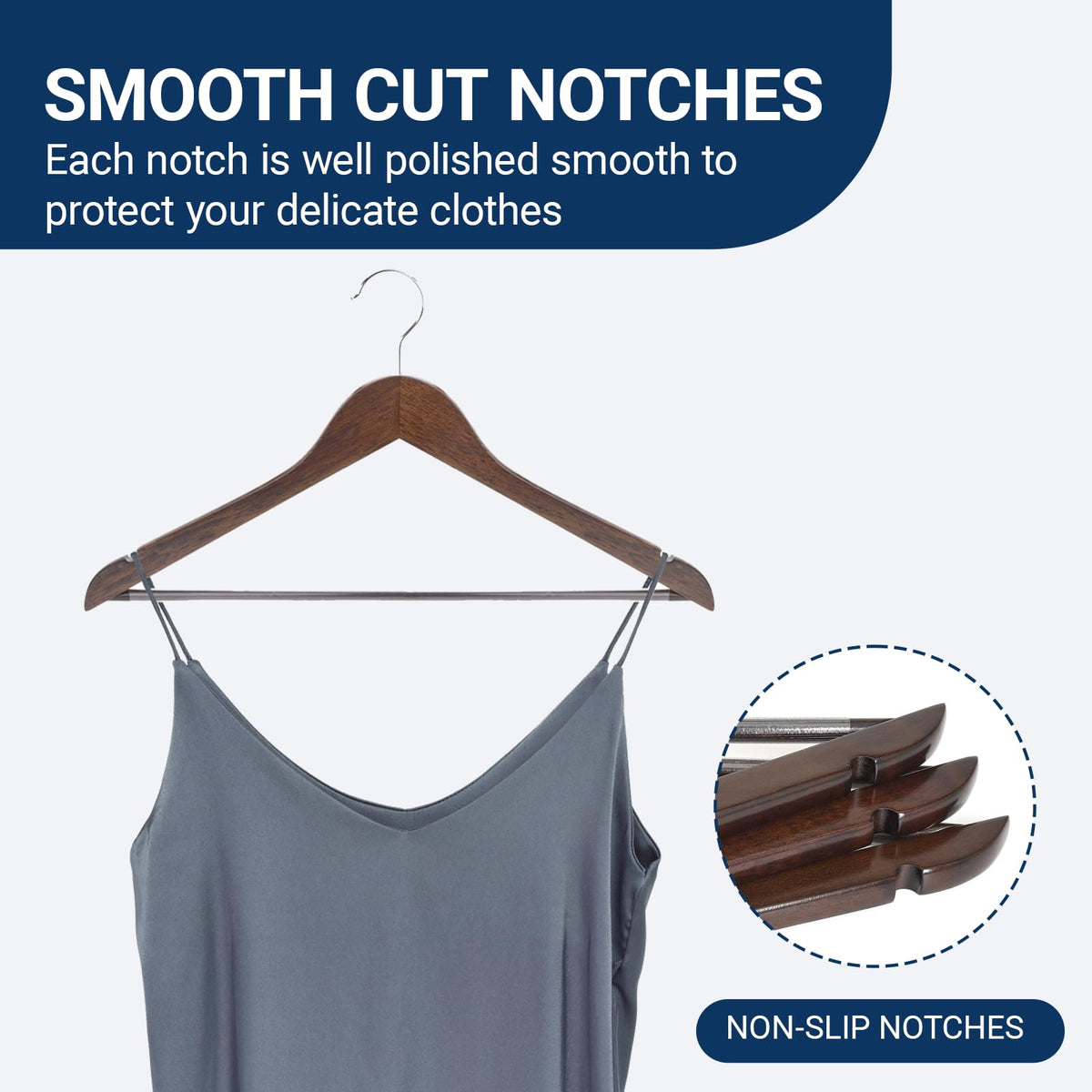 Amber Home walnut hanger with contoured shoulders preserves garment shape