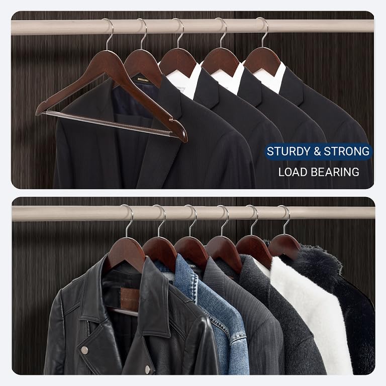 Amber Home walnut hanger in closet demonstrates organized, space-saving storage