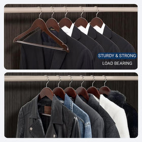 Amber Home walnut hanger in closet demonstrates organized, space-saving storage