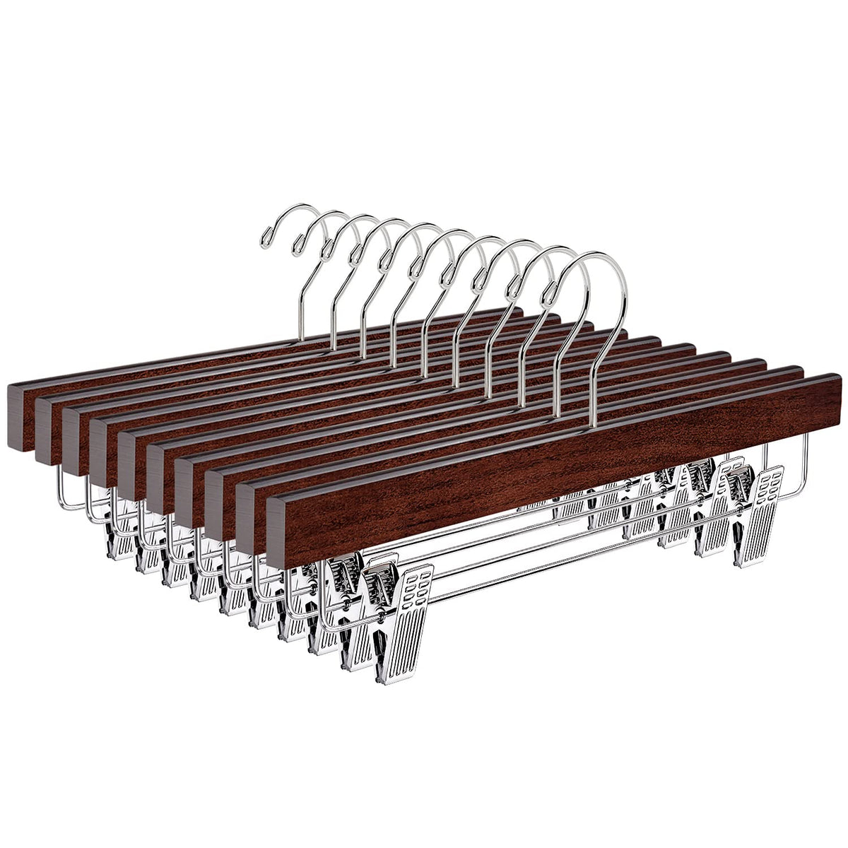 Amber Home walnut wood pants hanger with clips holding jeans, ideal for organized closet.