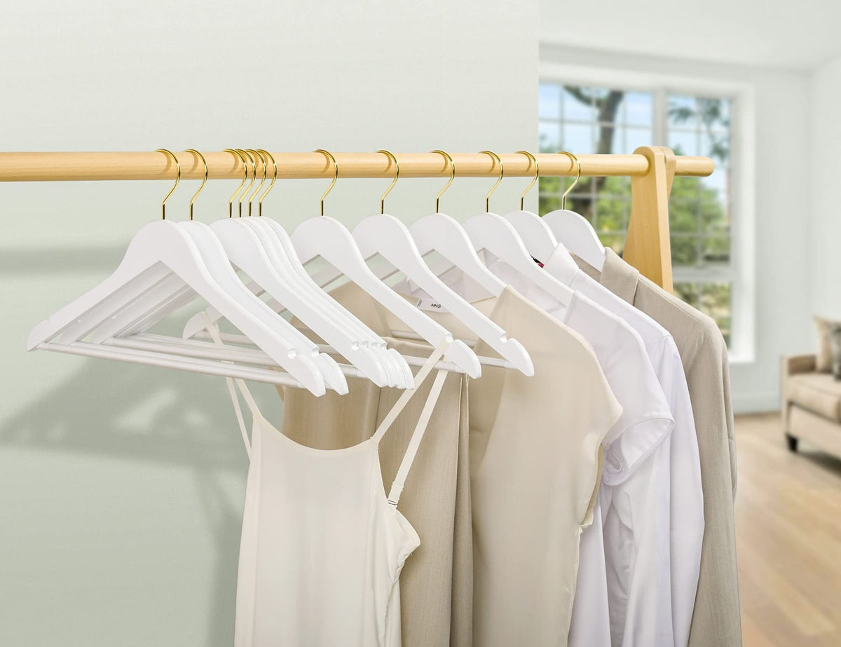 Amber Home white wood hanger ergonomic design, side grooves securely hold tops.