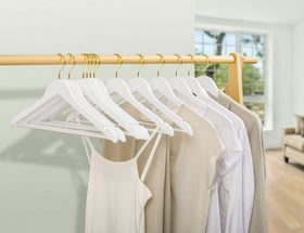 Amber Home white wood hanger ergonomic design, side grooves securely hold tops.