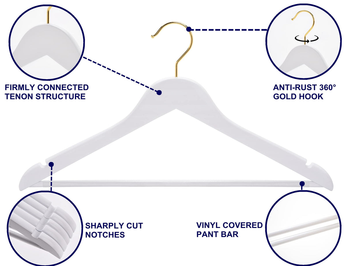 Amber Home white wood hanger with gold hook, pant bar provides durable trouser support.
