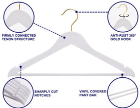 Amber Home white wood hanger with gold hook, pant bar provides durable trouser support.