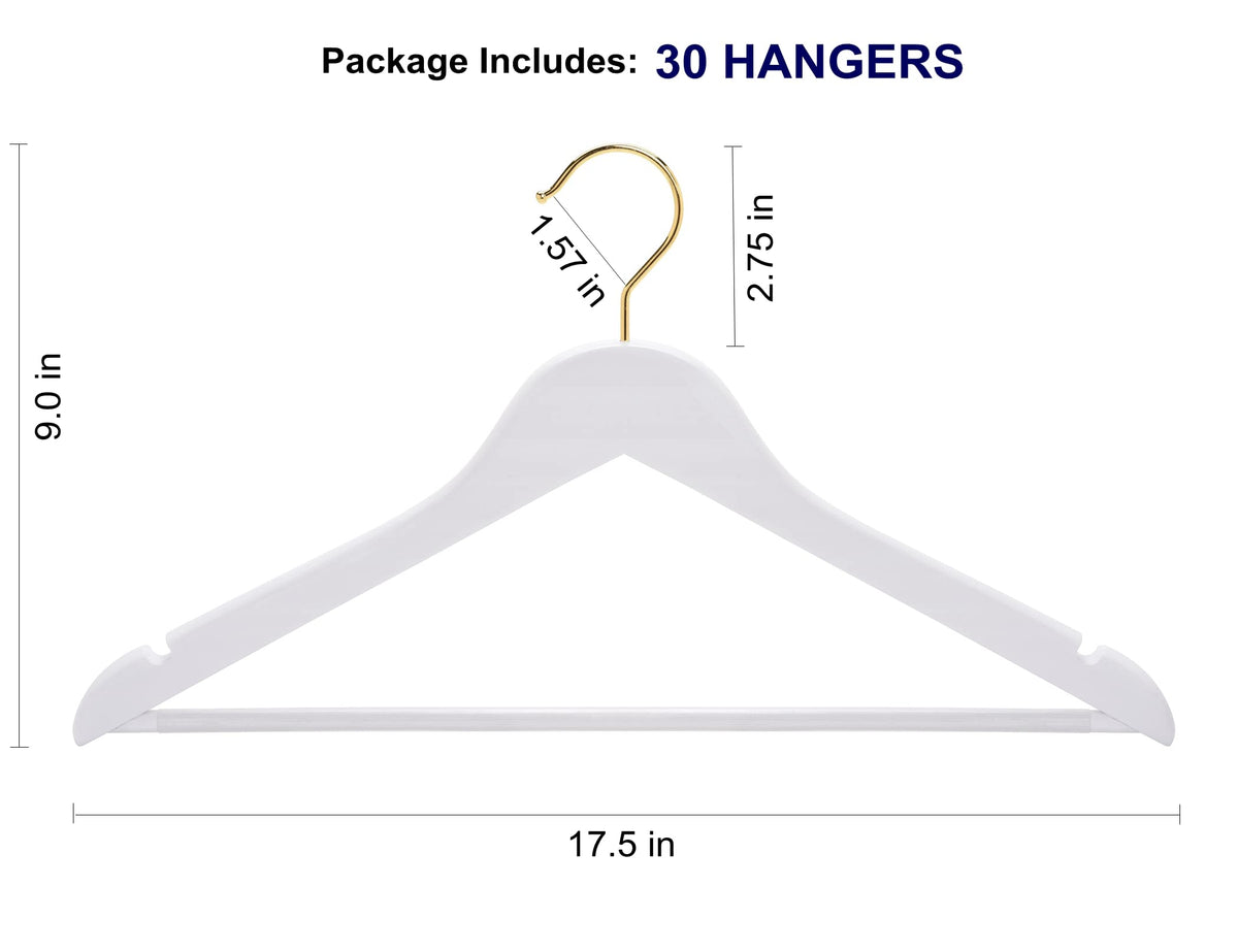 Amber Home white wood hanger with gold hook, shoulder detail for crease-free shirts.