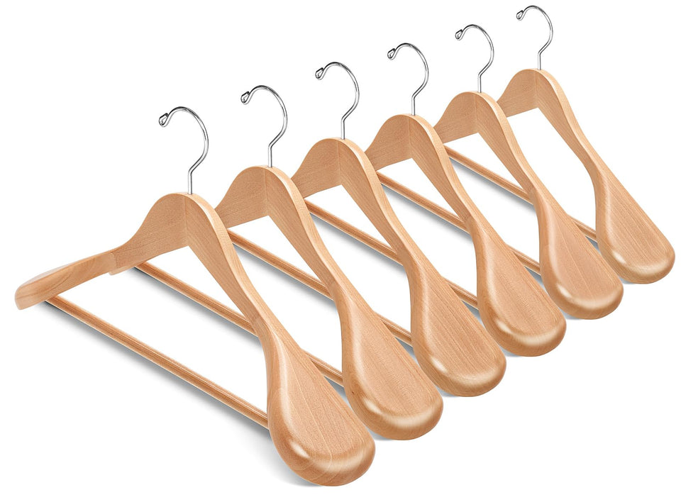 Amber Home wide shoulder hanger in natural wood maintains suit shape.