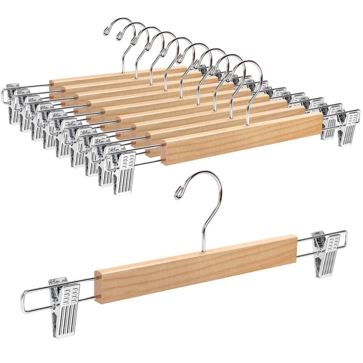 Amber Home wooden pant hanger with natural finish for organized closets.