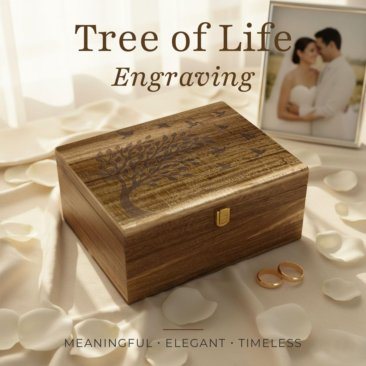AMBER IMPRINT acacia wood grain highlights natural beauty ideal for heirloom storage.