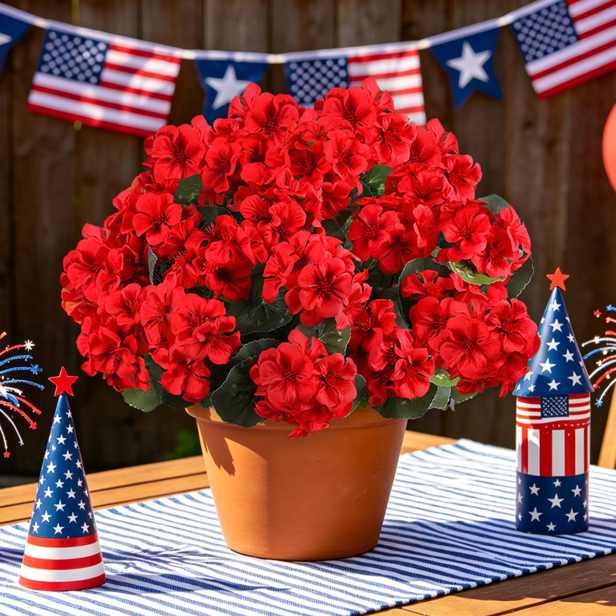 AmberFun porch geraniums enhance entryways with vivid red blooms.
