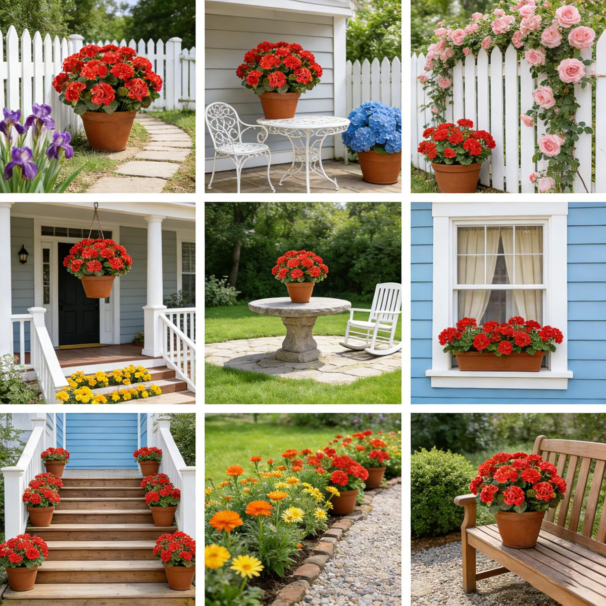 AmberFun versatile geraniums decorate hanging baskets with instantly blooming red accents.