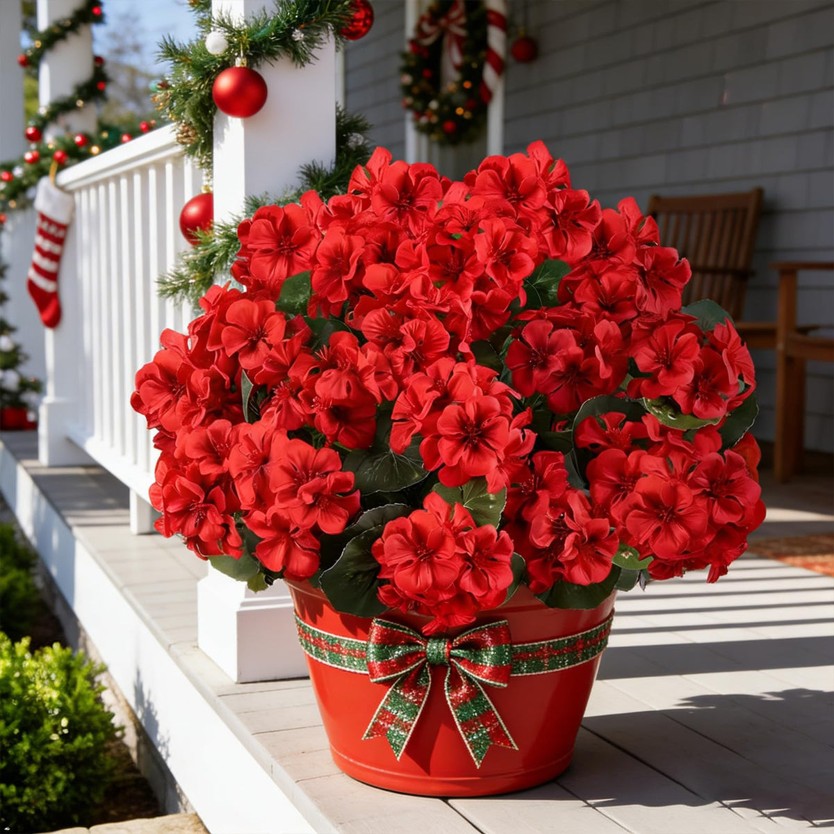 AmberFun window box geraniums brighten exterior window boxes.