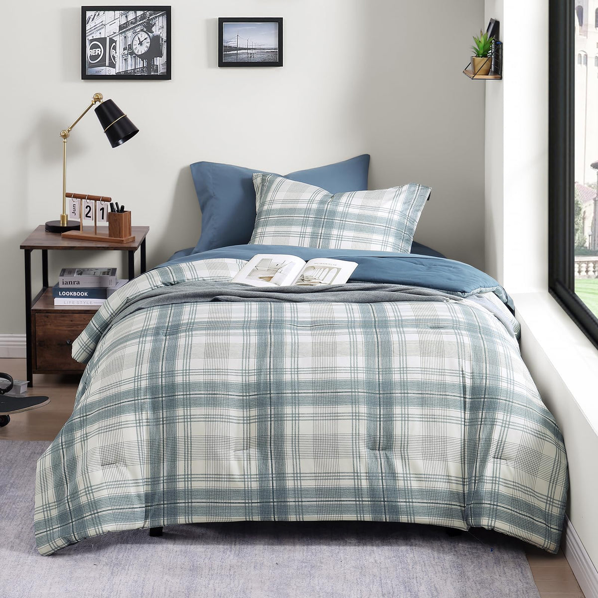 AMBERSPACE blue-grey plaid comforter on bed illustrating cozy teen bedroom style