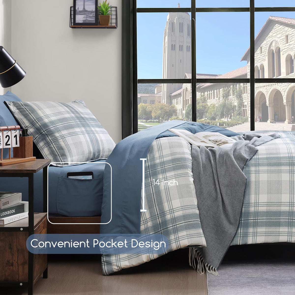 AMBERSPACE cozy plaid bedding creates inviting dorm room atmosphere