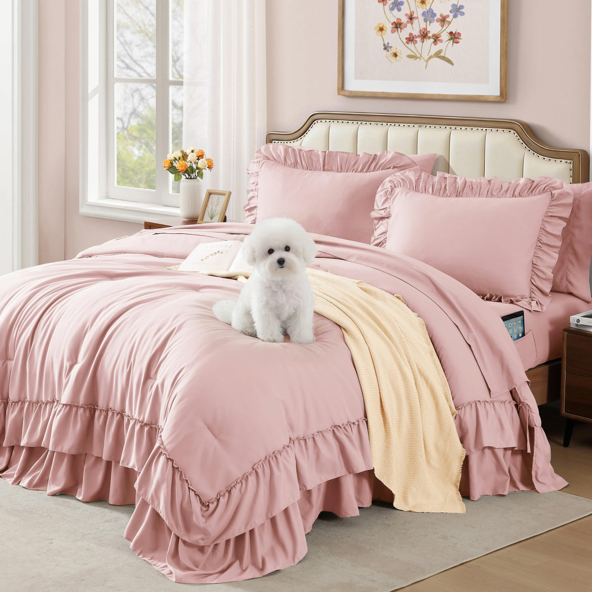 AMBERSPACE Queen comforter set with pink ruffles for a chic cozy bedroom.