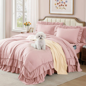 AMBERSPACE Queen comforter set with pink ruffles for a chic cozy bedroom.