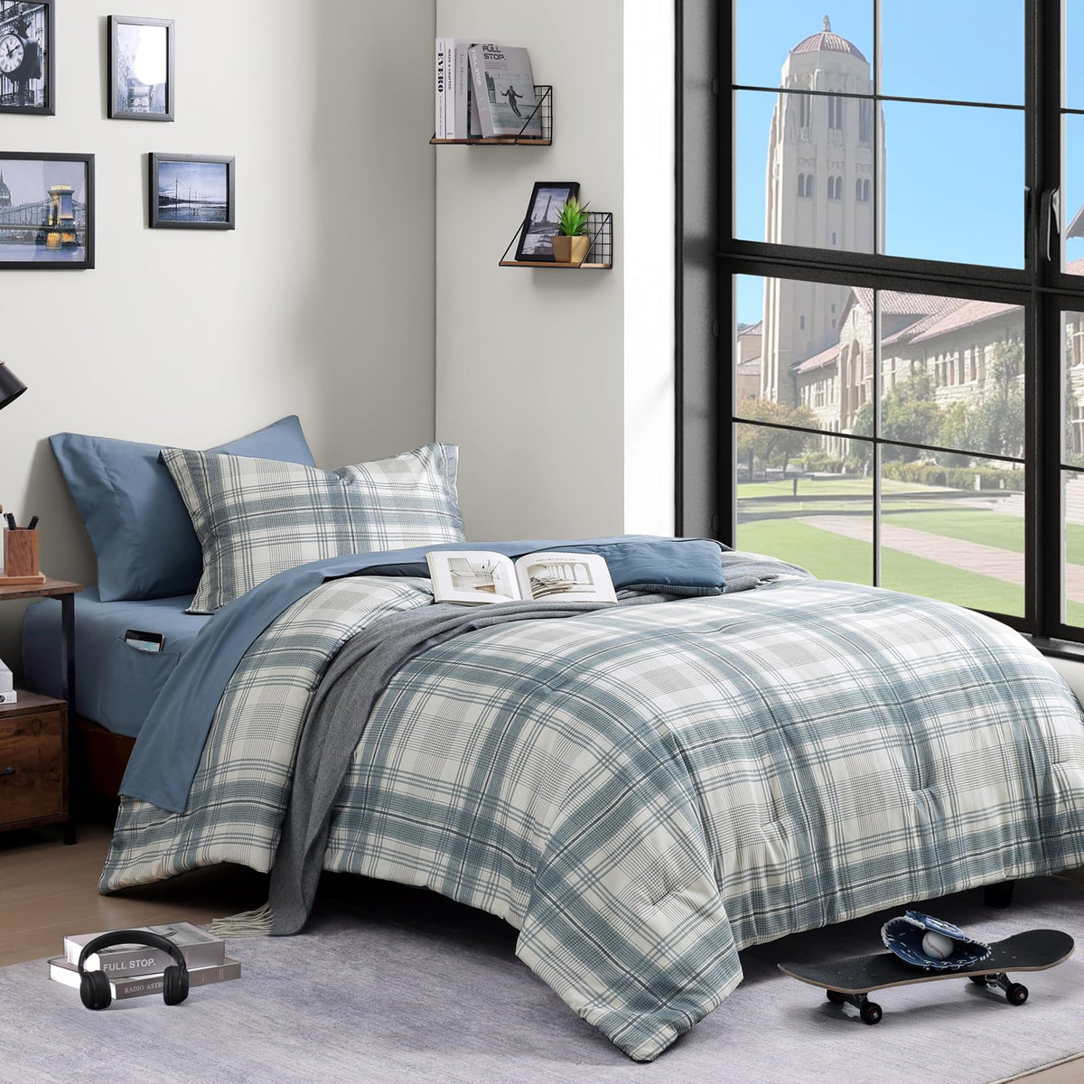 AMBERSPACE Twin XL comforter blue-grey plaid closeup showing soft, durable fabric for year-round use