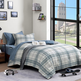 AMBERSPACE Twin XL comforter blue-grey plaid closeup showing soft, durable fabric for year-round use