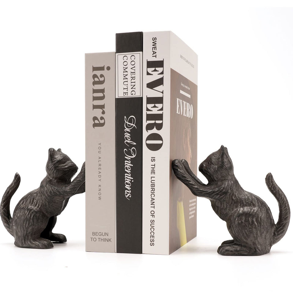 Ambipolar cat bookends highlight shelves and keep books upright