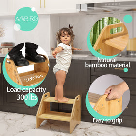 AMBIRD bamboo step stool—non-slip pads visible for safer footing.