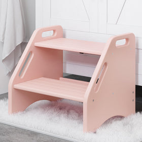 AMBIRD bamboo two-step stool front view showing sturdy daily use for kids at bathroom sink.