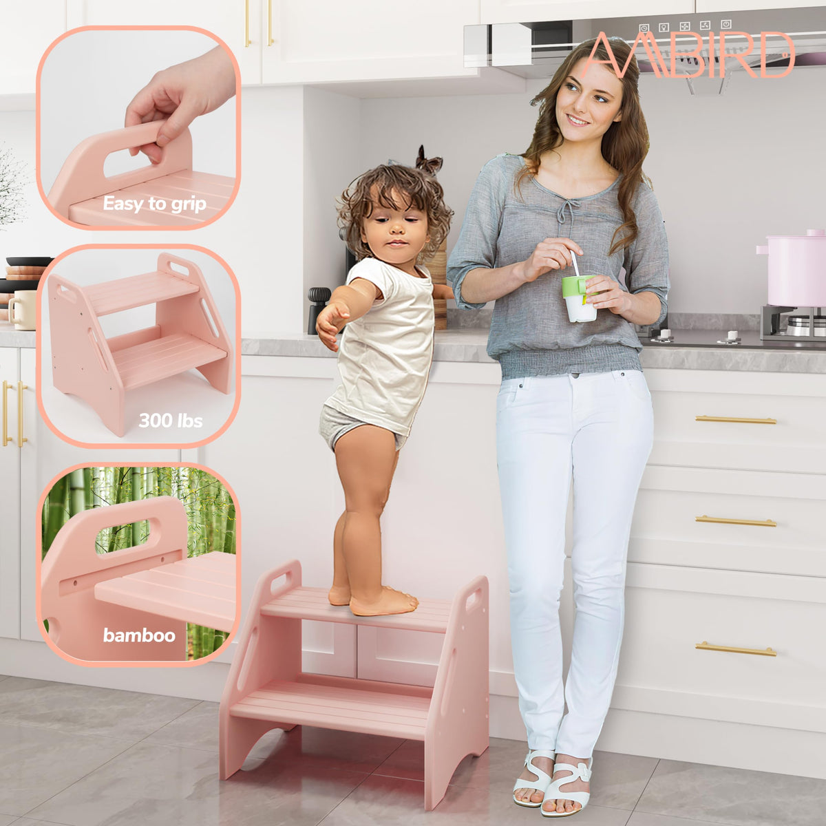 AMBIRD bamboo step stool side view highlights crossbar and non-slip stability.