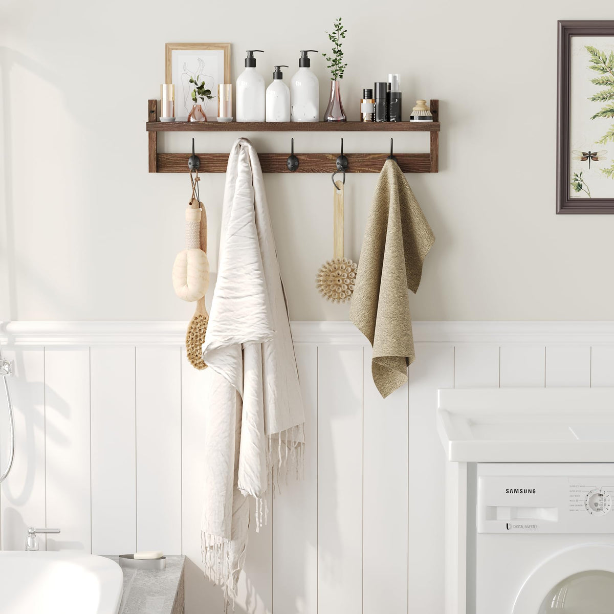 AMBIRD bathroom coat rack with shelf for towels and robes