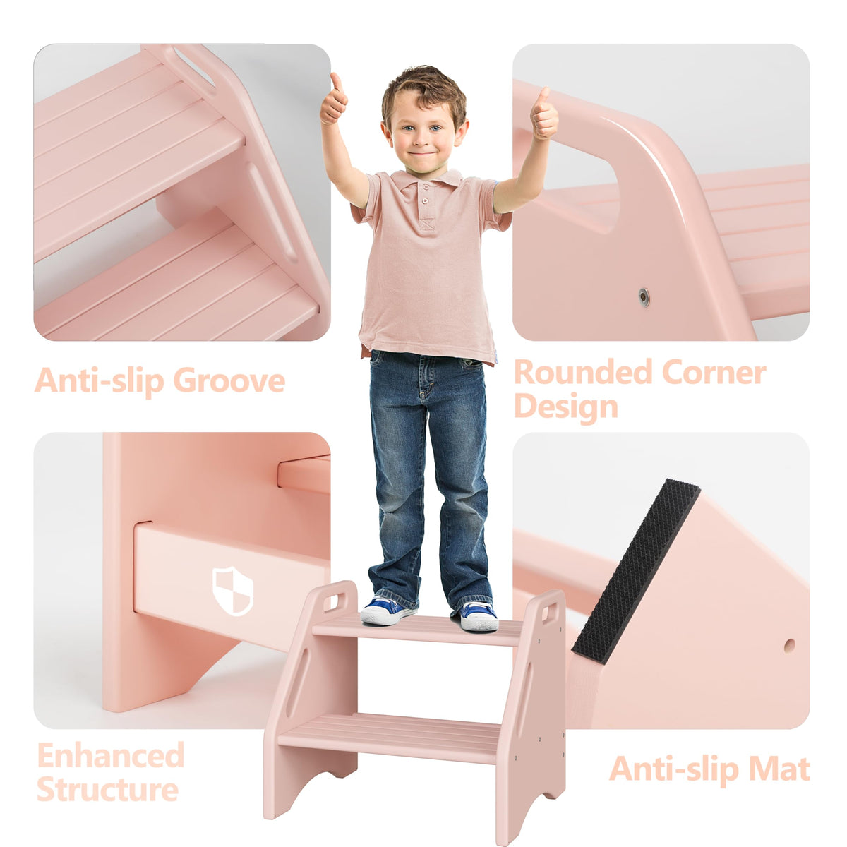 AMBIRD two-step stool kitchen use with child at sink.