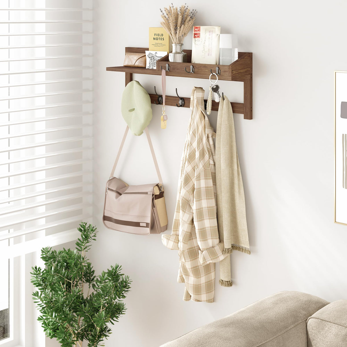 AMBIRD wall hooks with shelf showing five dual hooks for coats and bags