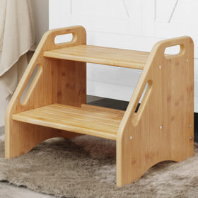 AMBIRD wooden two-step stool for kids and adults with natural finish.