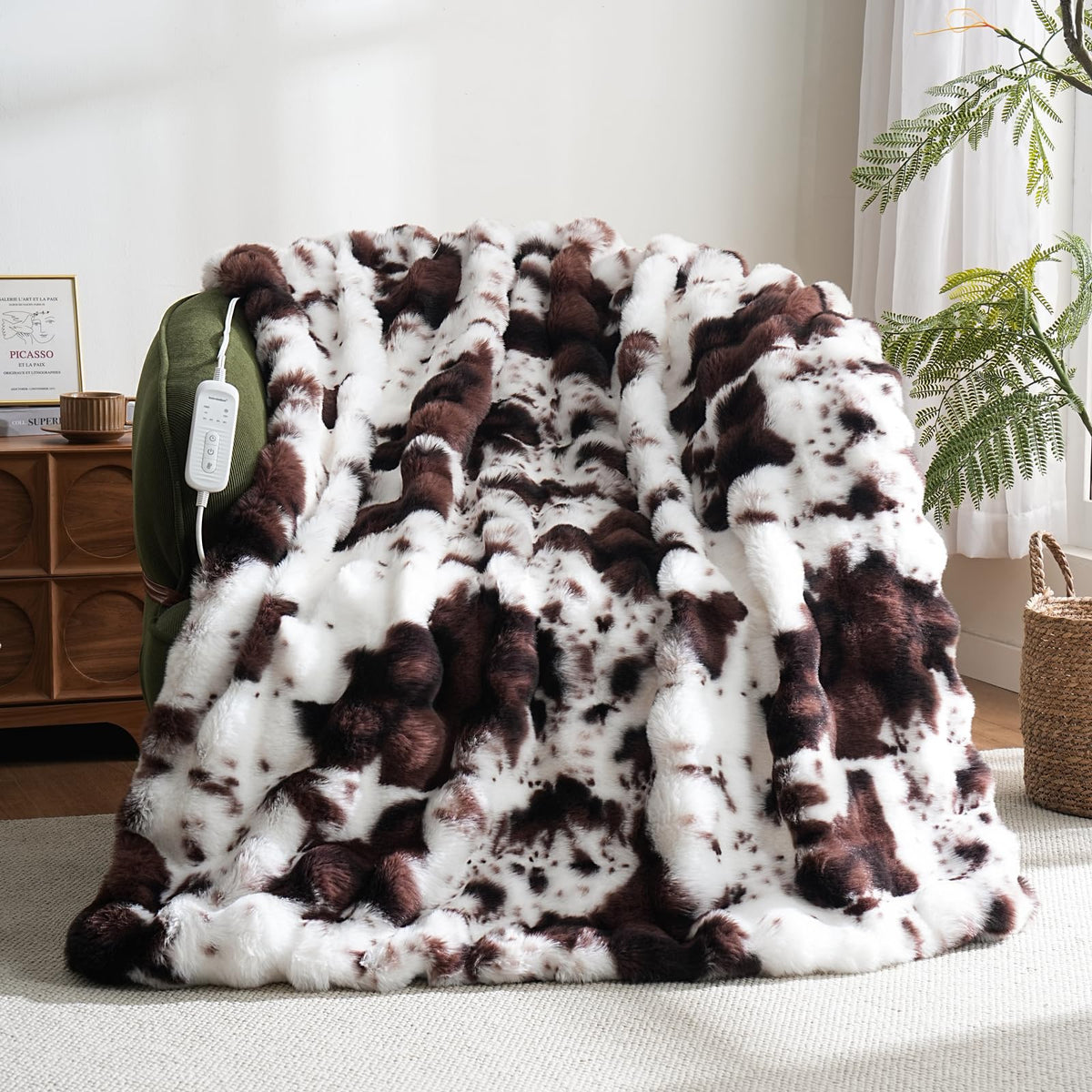 Ambrebellum cow-print heating throw in brown for instant cozy warmth.